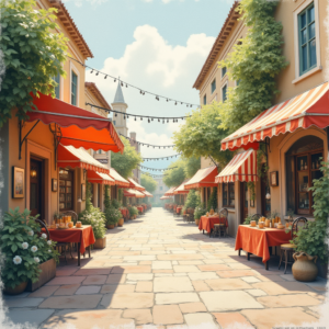 Vintage — Charming Market Street Lined With Striped Illustration Styles #0065 (ChatGPT)