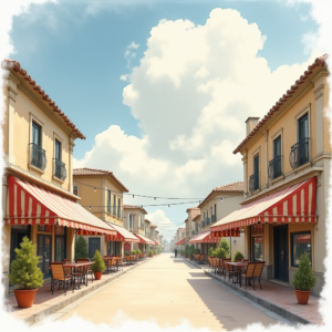 Vintage — Charming Market Street Lined With Striped Illustration Styles #0071 (Dreamina)