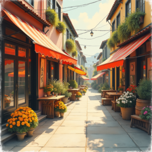 Vintage — Charming Market Street Lined With Striped Illustration Styles #0077 (ChatGPT)
