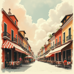 Vintage — Charming Market Street Lined With Striped Illustration Styles #0089 (ChatGPT)