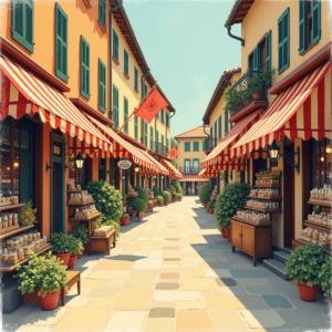 Vintage — Charming Market Street Lined With Striped Illustration Styles #0095 (Dreamina)