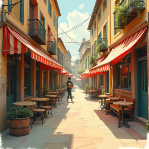 Vintage — Charming Market Street Lined With Striped Illustration Styles #0113 (ChatGPT)