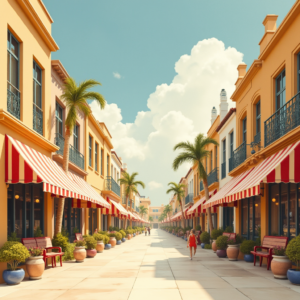 Vintage — Charming Market Street Lined With Striped Illustration Styles #0125 (ChatGPT)