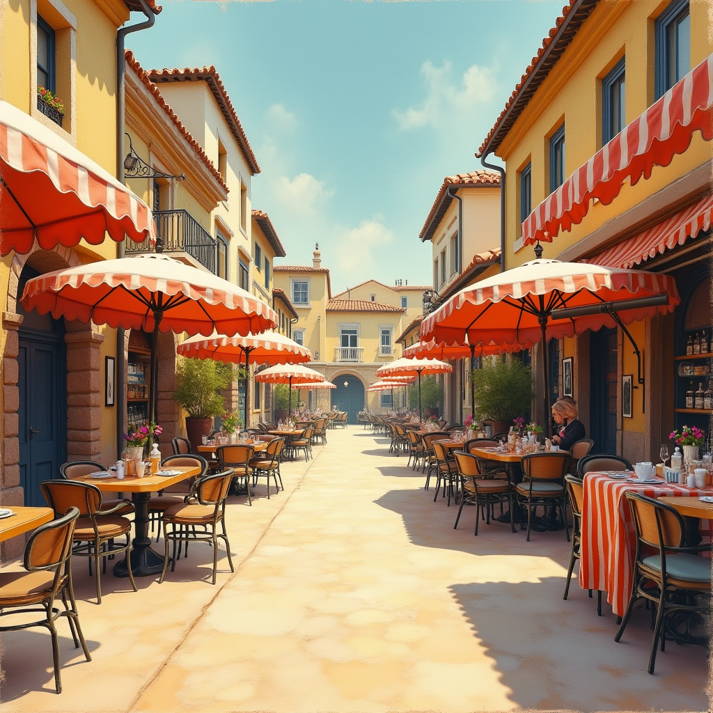 Vintage — Charming Market Street Lined With Striped Illustration Styles #0131 (Dreamina)