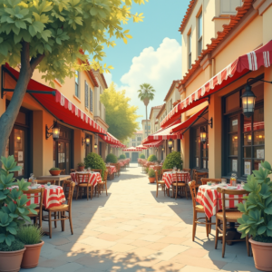 Vintage — Charming Market Street Lined With Striped Illustration Styles #0137 (ChatGPT)