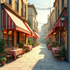 Vintage — Charming Market Street Lined With Striped Illustration Styles #0149 (ChatGPT)