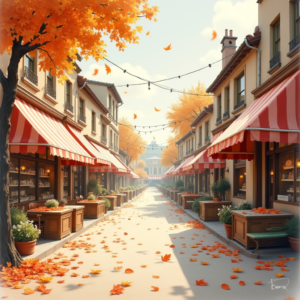 Vintage — Charming Market Street Lined With Striped Illustration Styles #0155 (Dreamina)