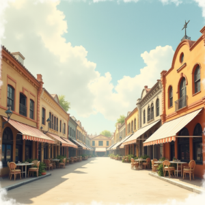 Vintage — Charming Market Street Lined With Striped Illustration Styles #0179 (Dreamina)