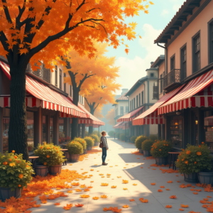 Vintage — Charming Market Street Lined With Striped Illustration Styles #0191 (Dreamina)