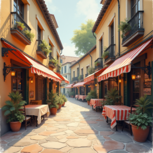 Vintage — Charming Market Street Lined With Striped Illustration Styles #0203 (Dreamina)