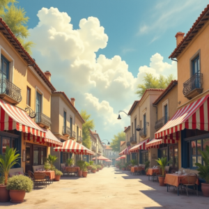 Vintage — Charming Market Street Lined With Striped Illustration Styles #0215 (Dreamina)