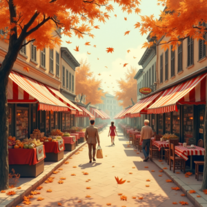 Vintage — Charming Market Street Lined With Striped Illustration Styles #0228 (Midjourney)