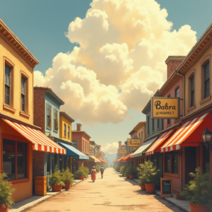 Vintage — Charming Market Street Lined With Striped Illustration Styles #0252 (Midjourney)