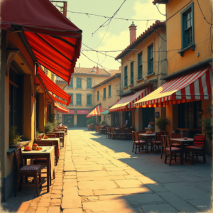 Vintage — Charming Market Street Lined With Striped Illustration Styles #0258 (Firefly)