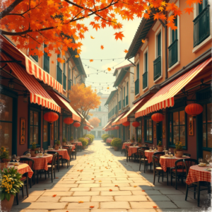 Vintage — Charming Market Street Lined With Striped Illustration Styles #0264 (Midjourney)