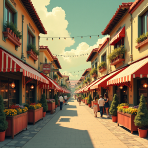 Vintage — Charming Market Street Lined With Striped Illustration Styles #0270 (Firefly)
