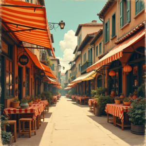 Vintage — Charming Market Street Lined With Striped Illustration Styles #0276 (Midjourney)