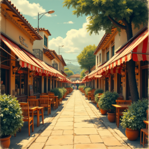 Vintage — Charming Market Street Lined With Striped Illustration Styles #0282 (Firefly)