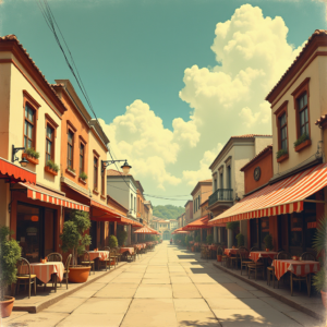 Vintage — Charming Market Street Lined With Striped Illustration Styles #0288 (Midjourney)
