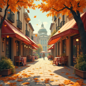 Vintage — Charming Market Street Lined With Striped Illustration Styles #0300 (Midjourney)