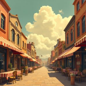 Vintage — Charming Market Street Lined With Striped Illustration Styles #0324 (Midjourney)