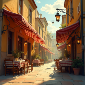 Vintage — Charming Market Street Lined With Striped Illustration Styles #0330 (Firefly)