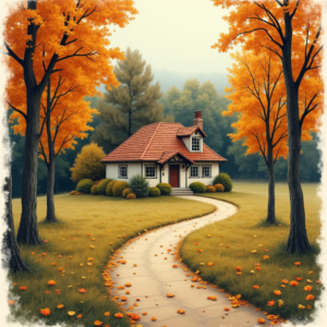 Vintage — Cozy Countryside Cottage Nestled Among Tall Illustration Styles #0091 (Recraft)