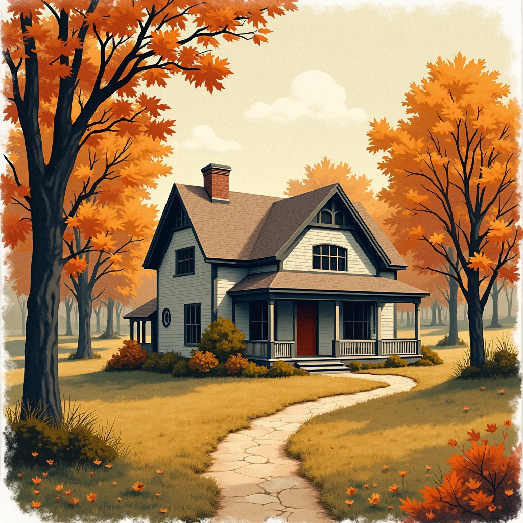 Vintage — Cozy Countryside Cottage Nestled Among Tall Illustration Styles #0097 (Stable Diffusion)
