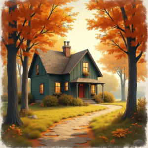 Vintage — Cozy Countryside Cottage Nestled Among Tall Illustration Styles #0109 (Stable Diffusion)