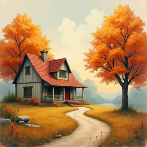 Vintage — Cozy Countryside Cottage Nestled Among Tall Illustration Styles #0163 (Recraft)