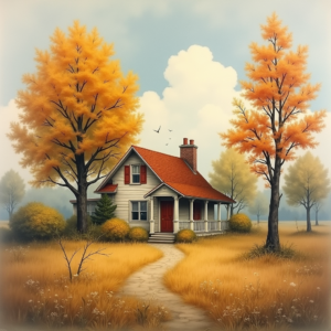 Vintage — Cozy Countryside Cottage Nestled Among Tall Illustration Styles #0193 (Stable Diffusion)