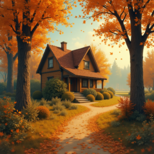 Vintage — Cozy Countryside Cottage Nestled Among Tall Illustration Styles #0296 (Ideogram)