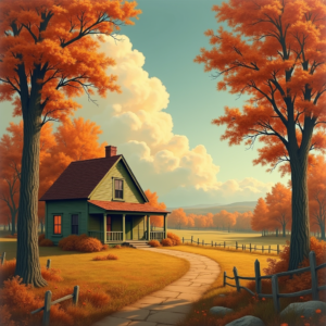 Vintage — Cozy Countryside Cottage Nestled Among Tall Illustration Styles #0320 (Ideogram)