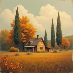 Vintage — Cozy Countryside Cottage Nestled Among Tall Illustration Styles #0338 (FLUX)