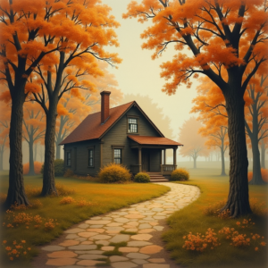 Vintage — Cozy Countryside Cottage Nestled Among Tall Illustration Styles #0344 (Ideogram)