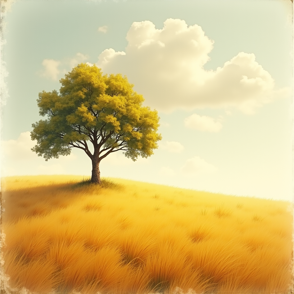 Vintage — Lone Tree Standing In A Sweeping Illustration Styles #0054 (Firefly)