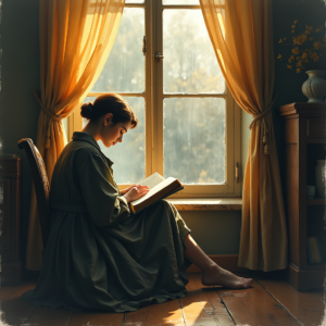 Vintage — Nostalgic Figure Reading By A Rain-streaked Illustration Styles #0002 (FLUX)