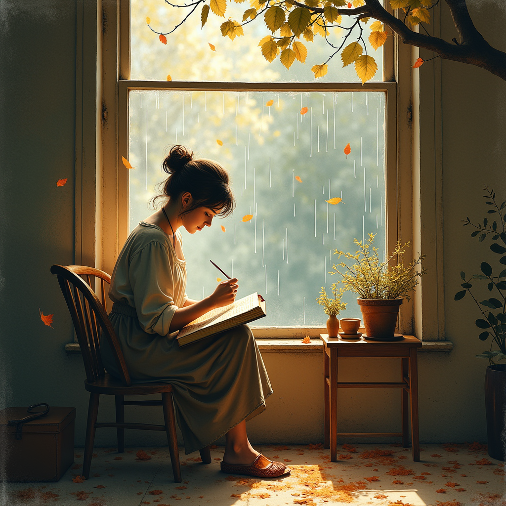 Vintage — Nostalgic Figure Reading By A Rain-streaked Illustration Styles #0008 (Ideogram)