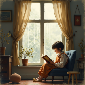 Vintage — Nostalgic Figure Reading By A Rain-streaked Illustration Styles #0014 (FLUX)