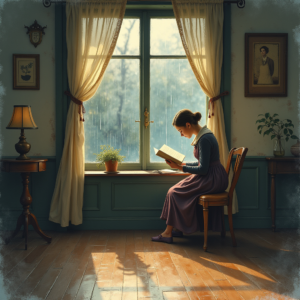 Vintage — Nostalgic Figure Reading By A Rain-streaked Illustration Styles #0020 (Ideogram)