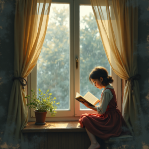 Vintage — Nostalgic Figure Reading By A Rain-streaked Illustration Styles #0026 (FLUX)