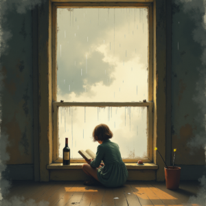 Vintage — Nostalgic Figure Reading By A Rain-streaked Illustration Styles #0068 (Ideogram)
