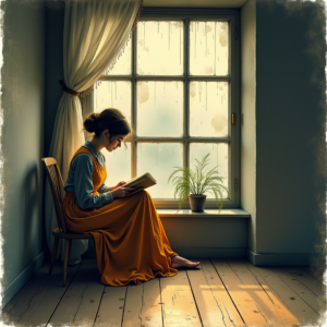 Vintage — Nostalgic Figure Reading By A Rain-streaked Illustration Styles #0092 (Ideogram)