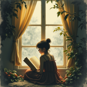 Vintage — Nostalgic Figure Reading By A Rain-streaked Illustration Styles #0098 (FLUX)