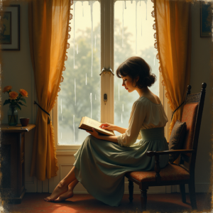 Vintage — Nostalgic Figure Reading By A Rain-streaked Illustration Styles #0110 (FLUX)