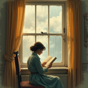 Vintage — Nostalgic Figure Reading By A Rain-streaked Illustration Styles #0122 (FLUX)