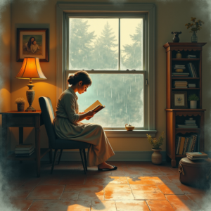 Vintage — Nostalgic Figure Reading By A Rain-streaked Illustration Styles #0128 (Ideogram)