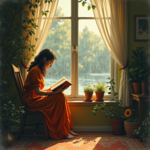 Vintage — Nostalgic Figure Reading By A Rain-streaked Illustration Styles #0134 (FLUX)