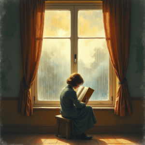 Vintage — Nostalgic Figure Reading By A Rain-streaked Illustration Styles #0140 (Ideogram)