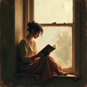 Vintage — Nostalgic Figure Reading By A Rain-streaked Illustration Styles #0146 (FLUX)